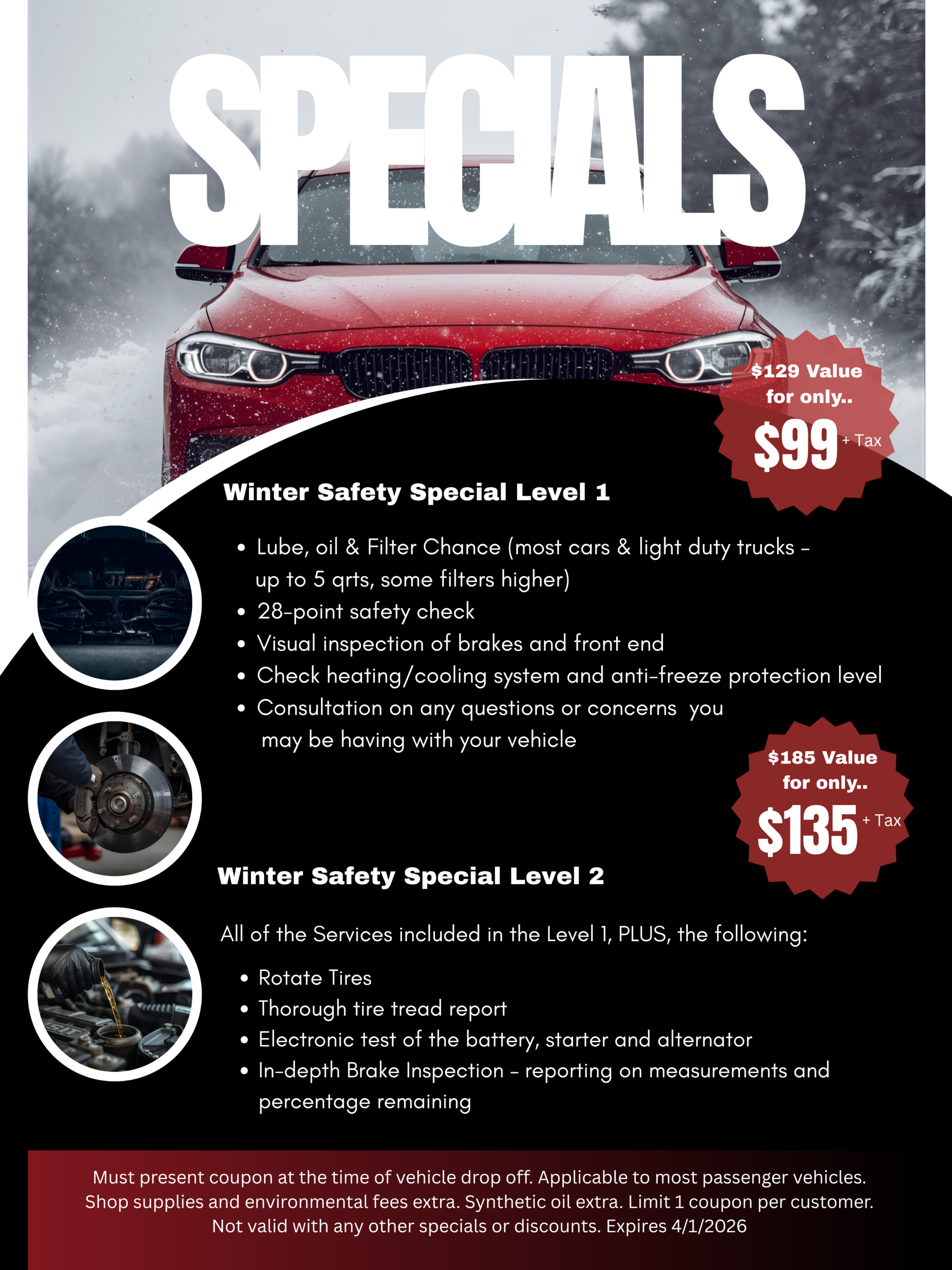Winter vehicle maintenance service specials